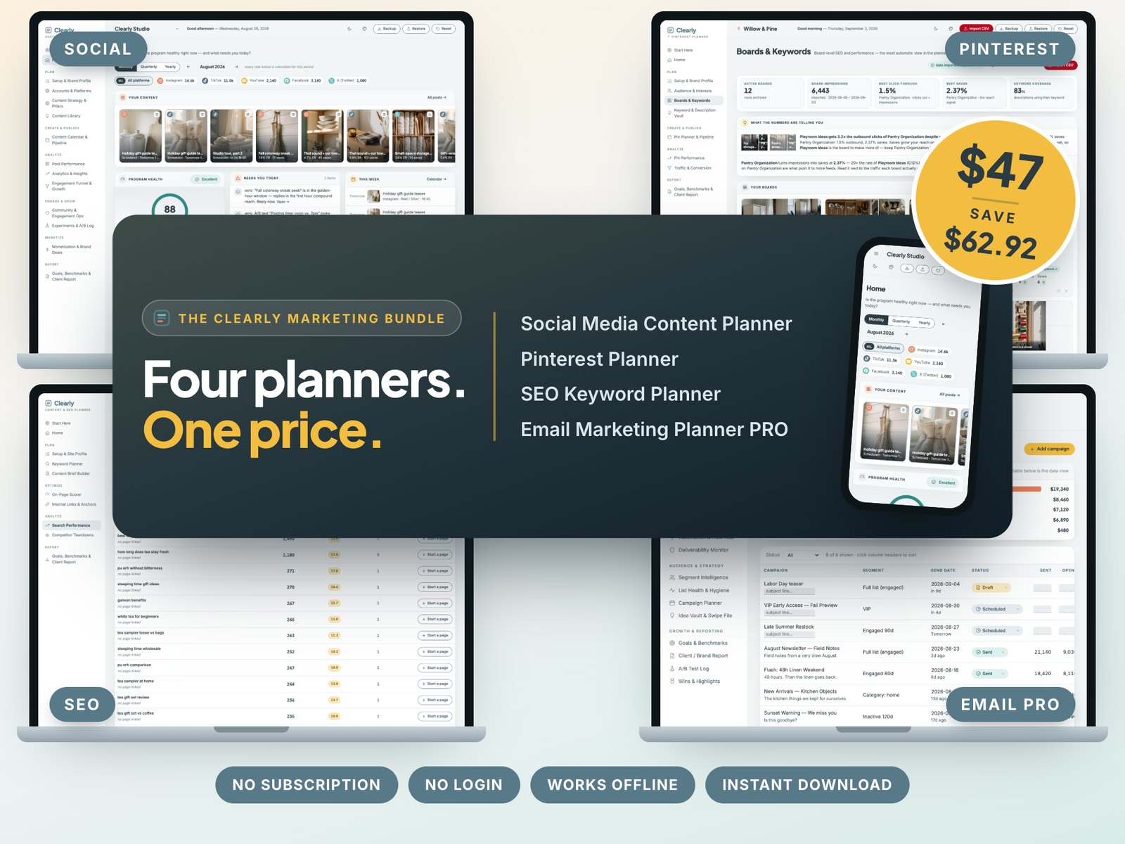 The Clearly marketing bundle: the Social, Pinterest, SEO and Email planners open on four laptops with a phone, priced at $47 for all four.