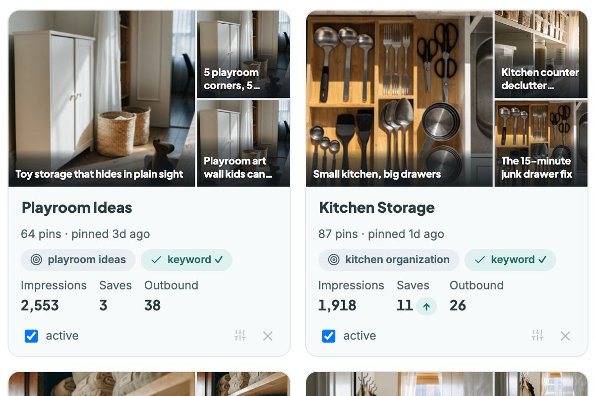 The Pinterest Planner's board grid with cover photos, keyword checks and per-board metrics.