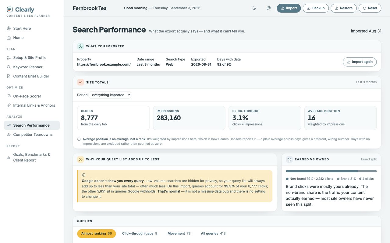 The SEO Keyword Planner open on a laptop: sidebar navigation and the almost-ranking query table.