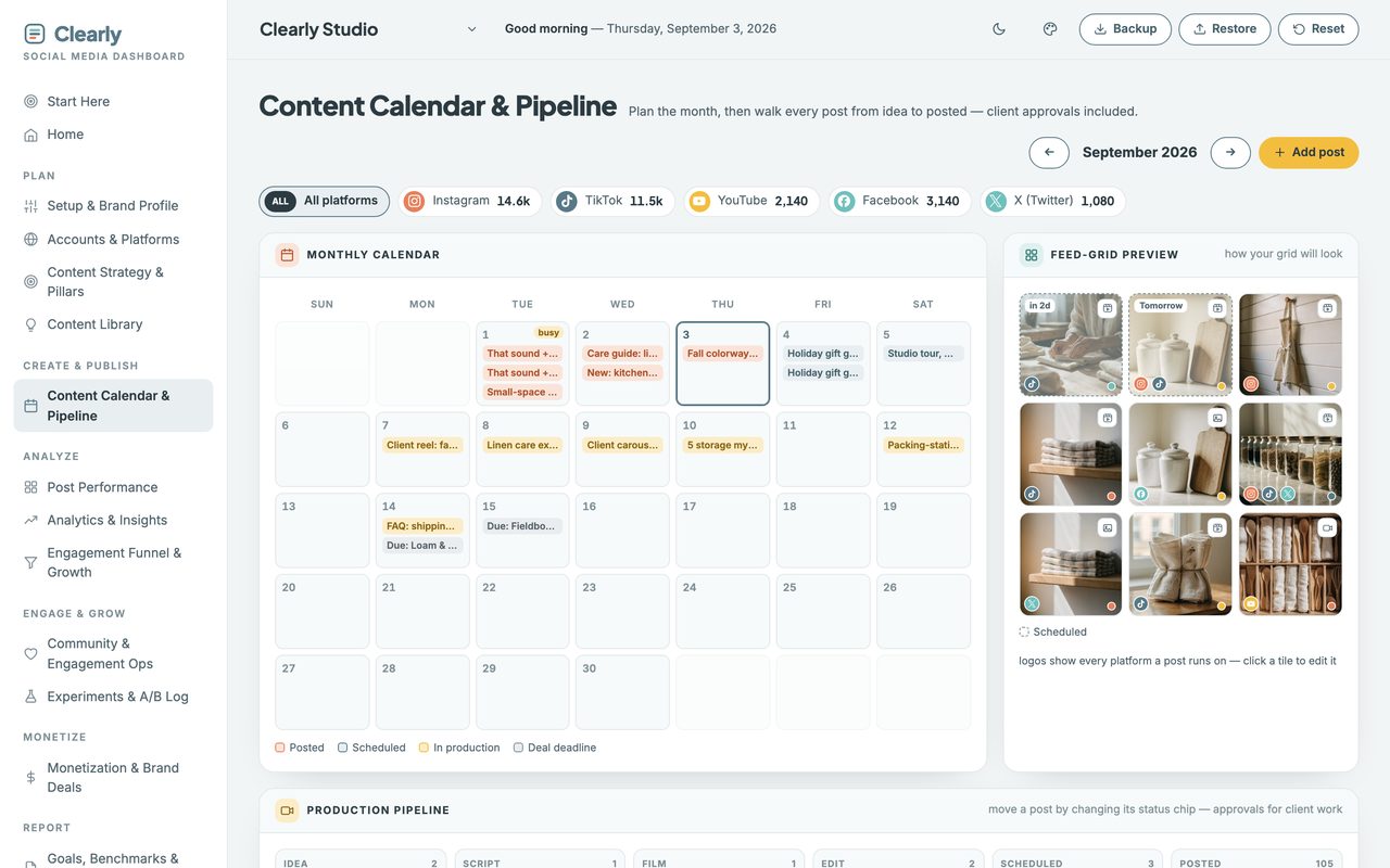 The Social Media Content Planner’s monthly content calendar with scheduled posts on each day.